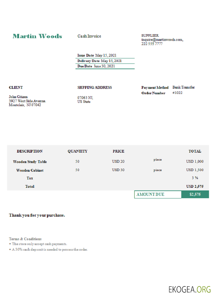 Facture de Martin Woods aux États , Unis